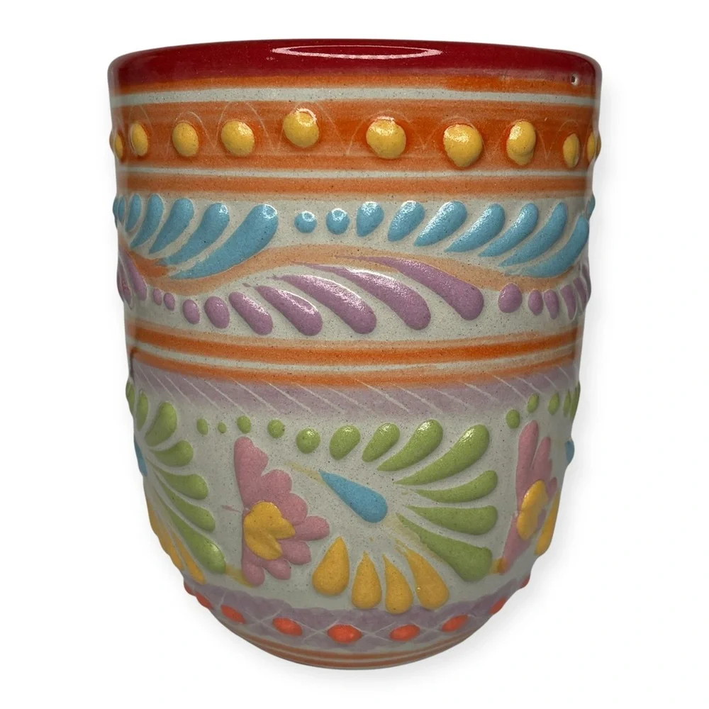 Colorful Televera Salazar Pue Mexico Ceramic Art Tumbler Cup 4.25” x 3.5”